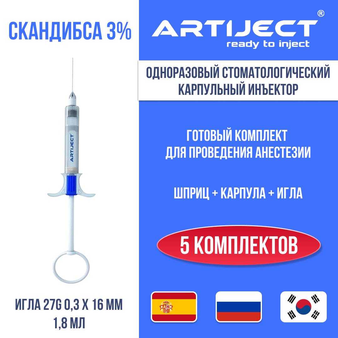 ARTIJECT Скандинибса INIBSA (Мепивакаин 3%) 5 шт Испания одноразовый карпульный инъектор