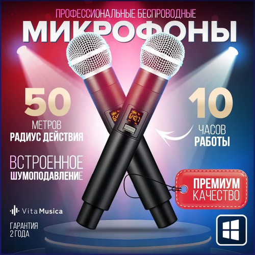 Микрофон караоке беспроводной Vita Musica для живого вокала и выступлений, профессиональный, 2 шт