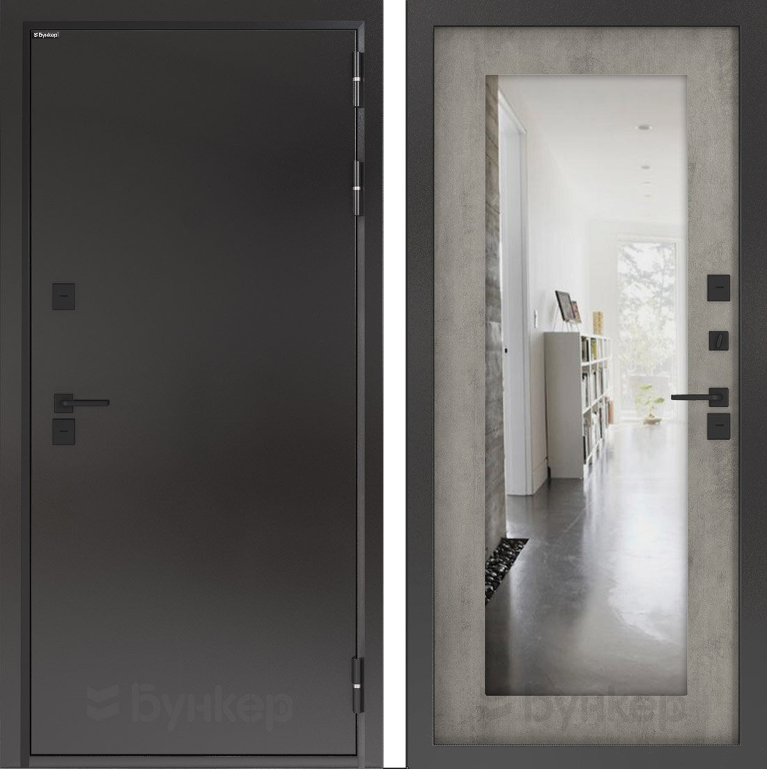Входная дверь BN-10 с внутренней панелью зеркало ФЛЗ-603 цвет Белый серый размер по коробке 960х2050 левая.