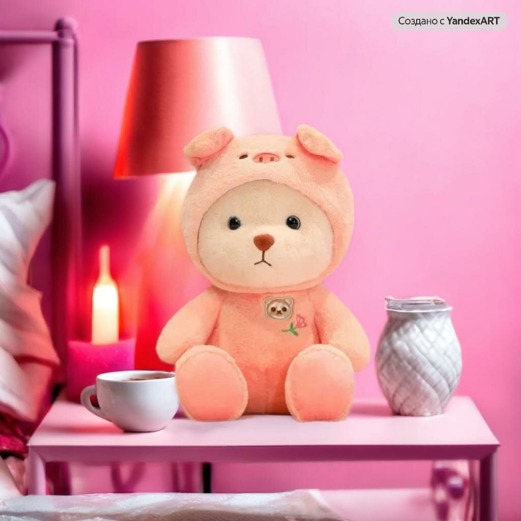 Мягкая игрушка Плюшевый мишка в капюшоне, 25 см розовый \ Медведь с капюшоном