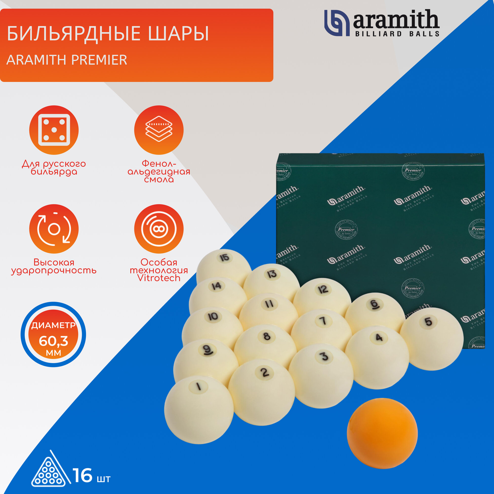 Шары для русского бильярда Aramith Premier Pyramid 60,3 мм (желтый биток)