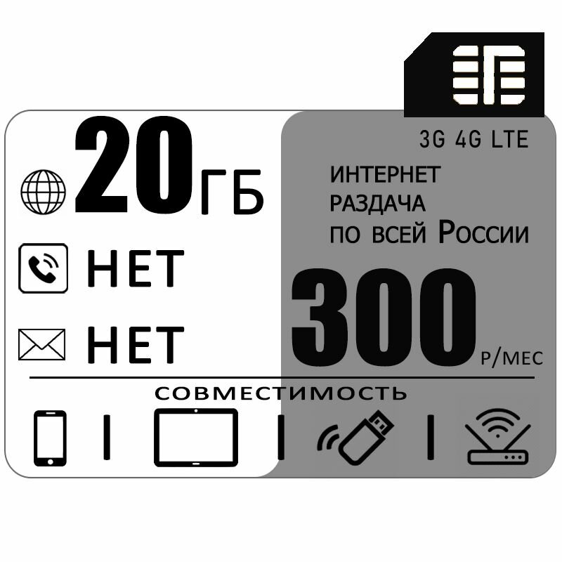 Сим карта c интернетом и раздачей 20ГБ за 300р/мес