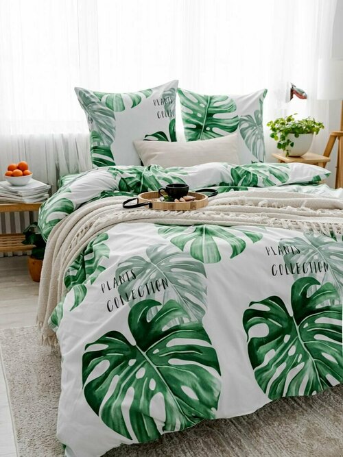 Комплект постельного белья 1,5 спальное, белый; зеленый