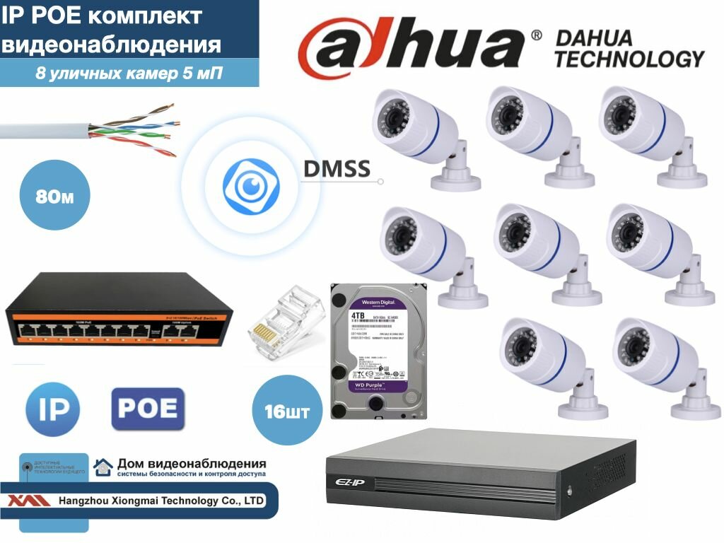 Полный готовый DAHUA комплект видеонаблюдения на 8 камер 5мП (KITD8IP100W5MP_HDD4Tb)