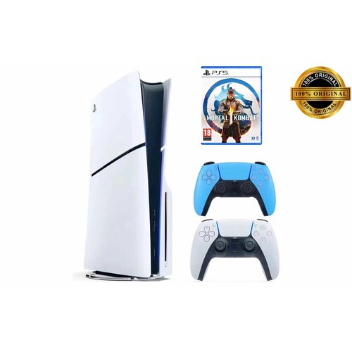 Игровая приставка Sony PlayStation 5 Slim с дисководом 1 ТБ два геймпада белый и голубой Mortal Kombat 1 8500000₽