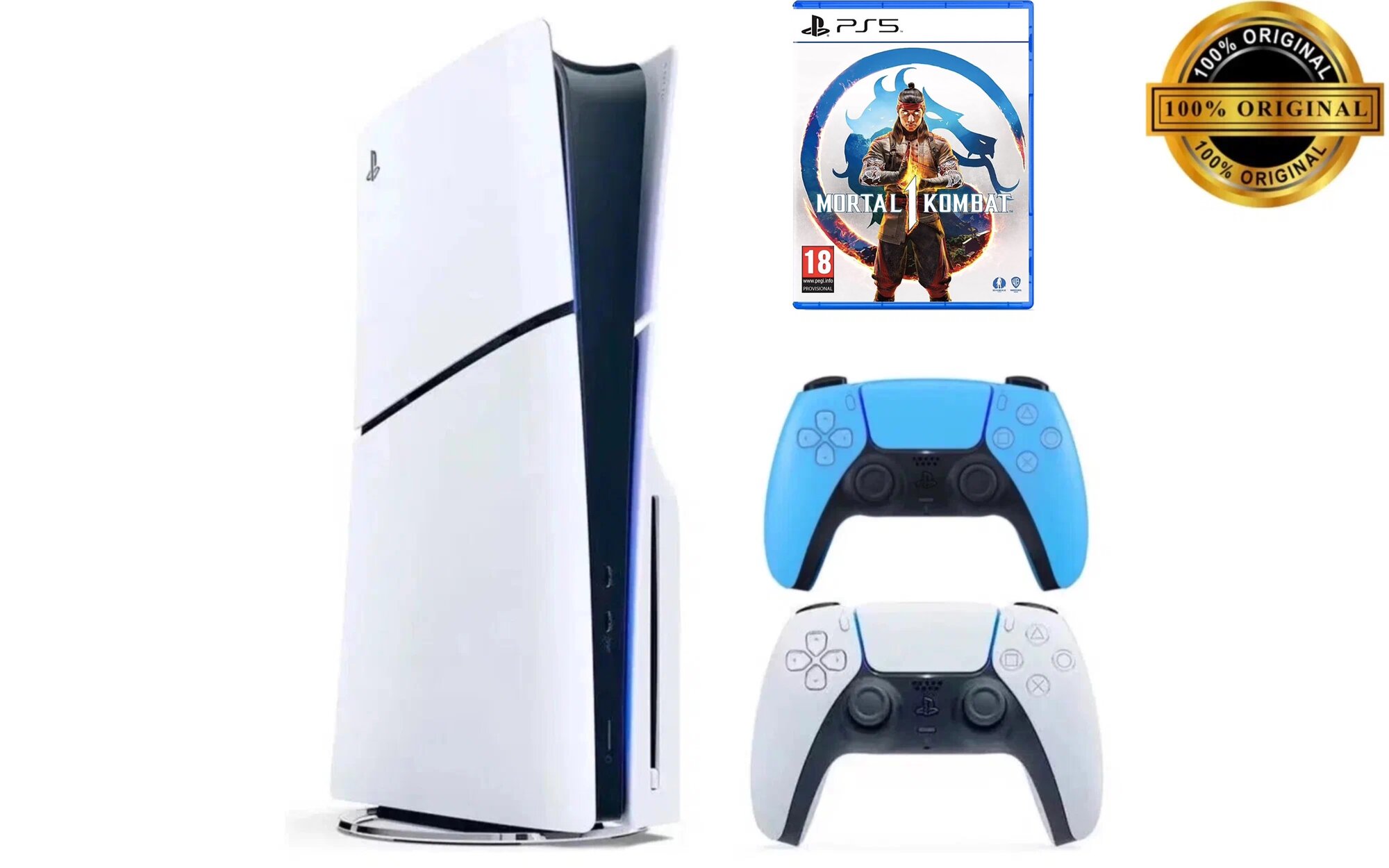 Игровая приставка Sony PlayStation 5 Slim, с дисководом, 1 ТБ, два геймпада (белый и голубой), Mortal Kombat 1
