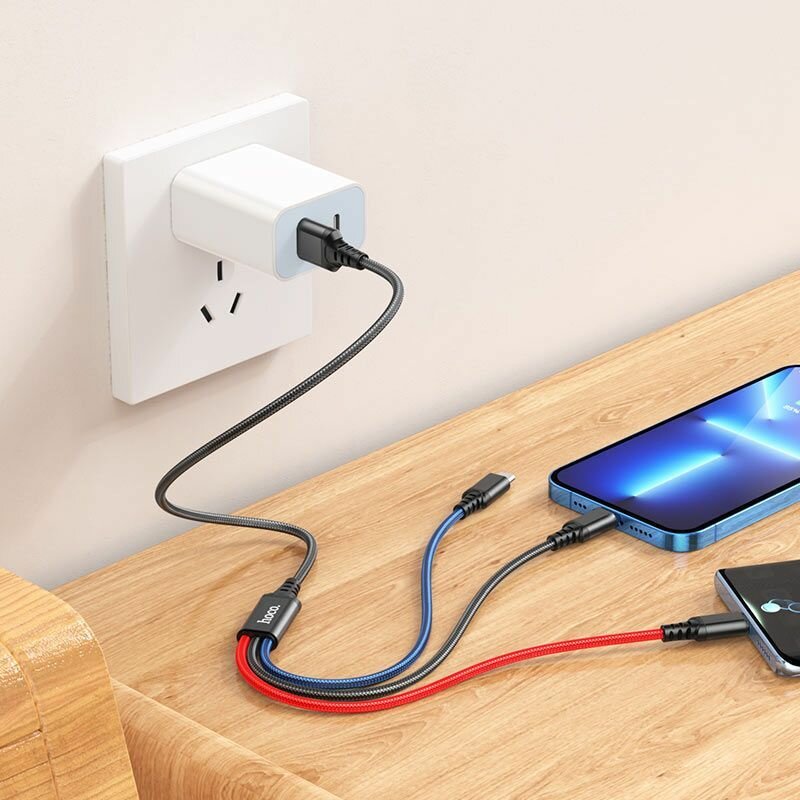 Hoco Провод для зарядки телефона 3в1 для iPhone, iPad, Airpods, андроид / USB-C - Lightning - Micro-USB, кабель 1 метр, разноцветный — фото 1