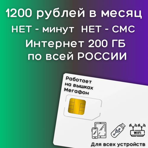 Сим карта Безлимитный интернет 1200 рублей в месяц по РФ 200 ГБ 4G LTE YAMEGV2