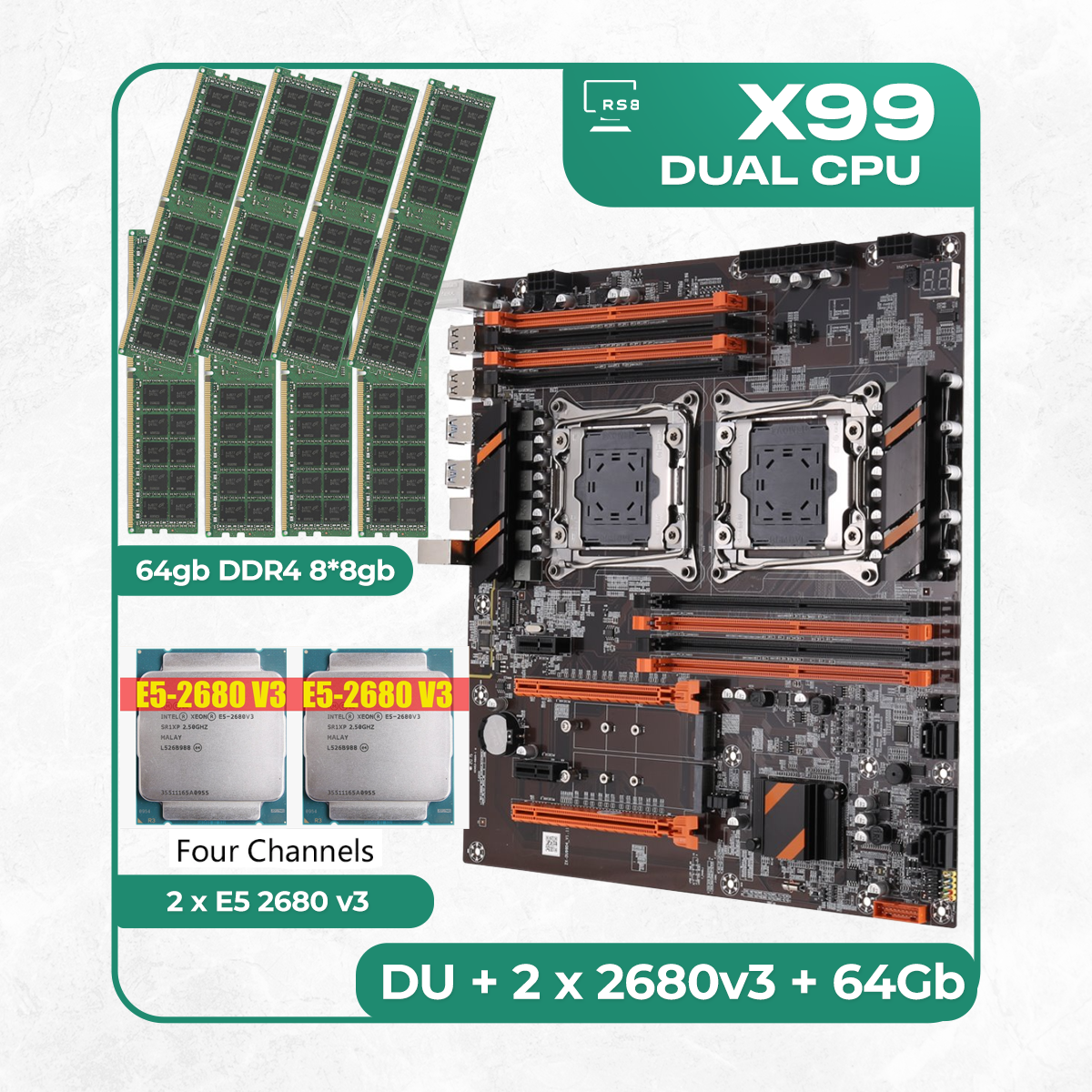 Комплект материнской платы X99: ZX-DU99D4 + 2 x Xeon E5 2680v3 + DDR4 64Гб 8х8Гб