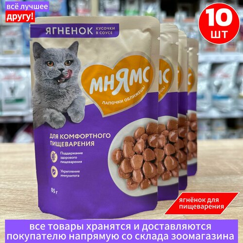 Влажный корм Мнямс Кусочки в соусе для комфортного Пищеварения у кошек, с Ягненком, 85г х 10шт