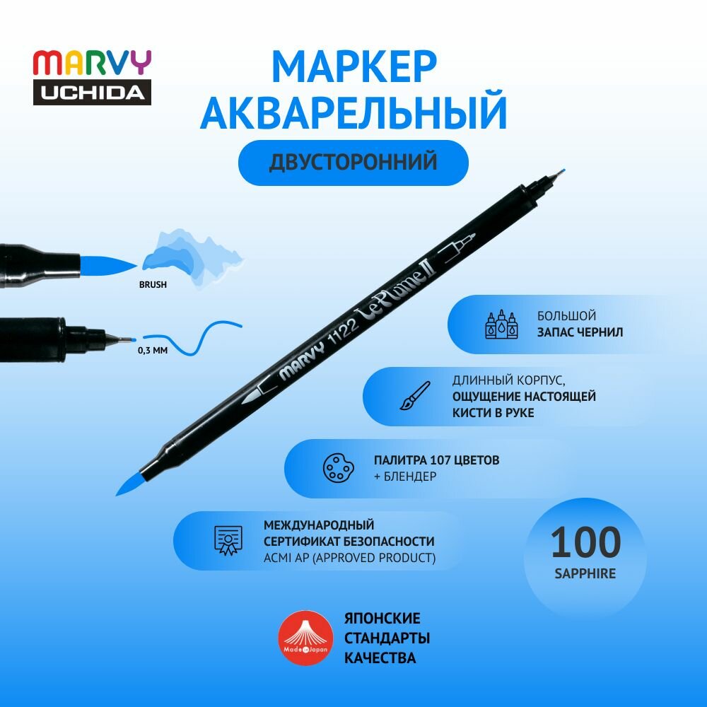Маркер Marvy Uchida для скетчинга акварельный двусторонний (кисть/капиллярная ручка 0.3мм) сапфир MAR1122/100