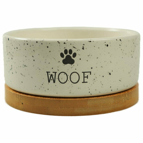 фото Mr.kranch миска bamboo woof керамическая на бамбуковой подставке, 470 мл, белая