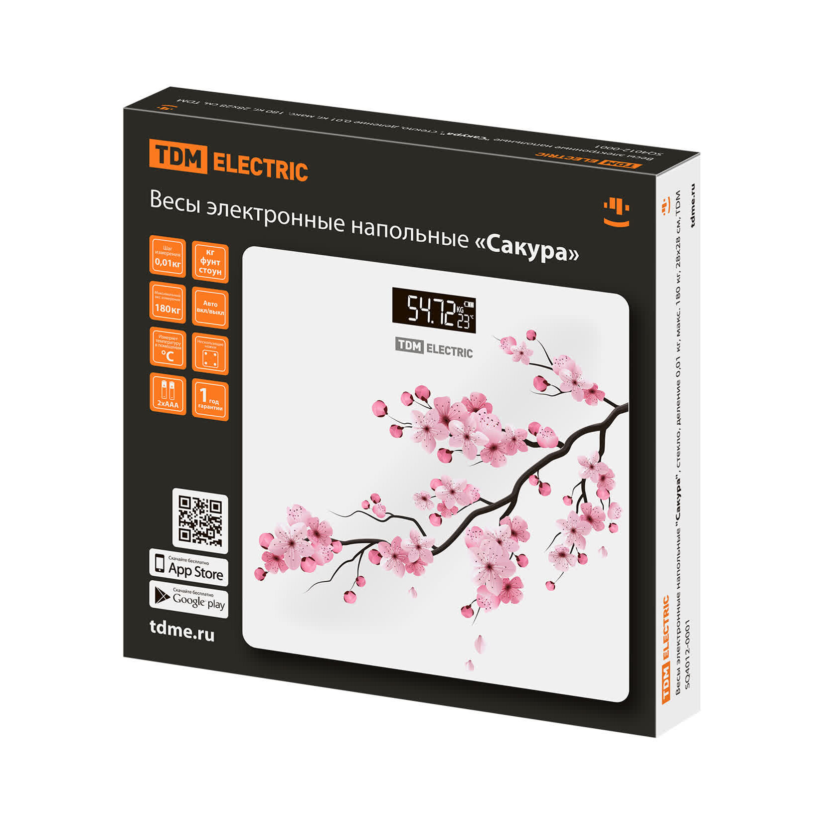 Весы электронные напольные "Сакура", стекло, деление 0,01 кг, макс. 180 кг, 28х28 см, TDM SQ4012-0001 (1 шт.)