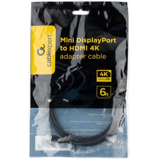 Кабель Cablexpert miniDP-HDMI , 20M/19M, 1.8м, черный, позол. разъемы — фото 1