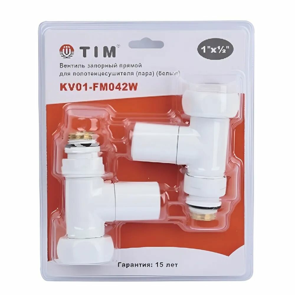 Прямые краны для полотенцесушителя 1"х 1/2" вн/нр (пара), белые, форма круглая, TIM KV01-FM042W