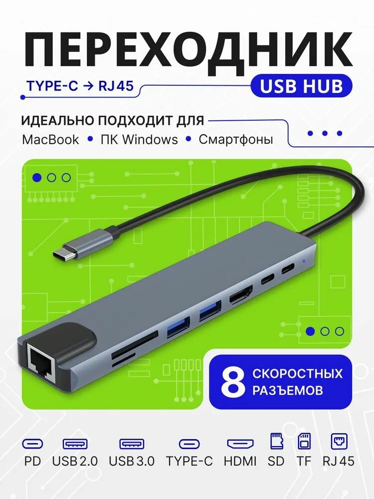 Переходник type-c на usb / HUB для MacBook Разветвитель HDMI адаптер Концентратор usb для смартфона Usb 3.0 PD зарядка и Micro SD — фото 1
