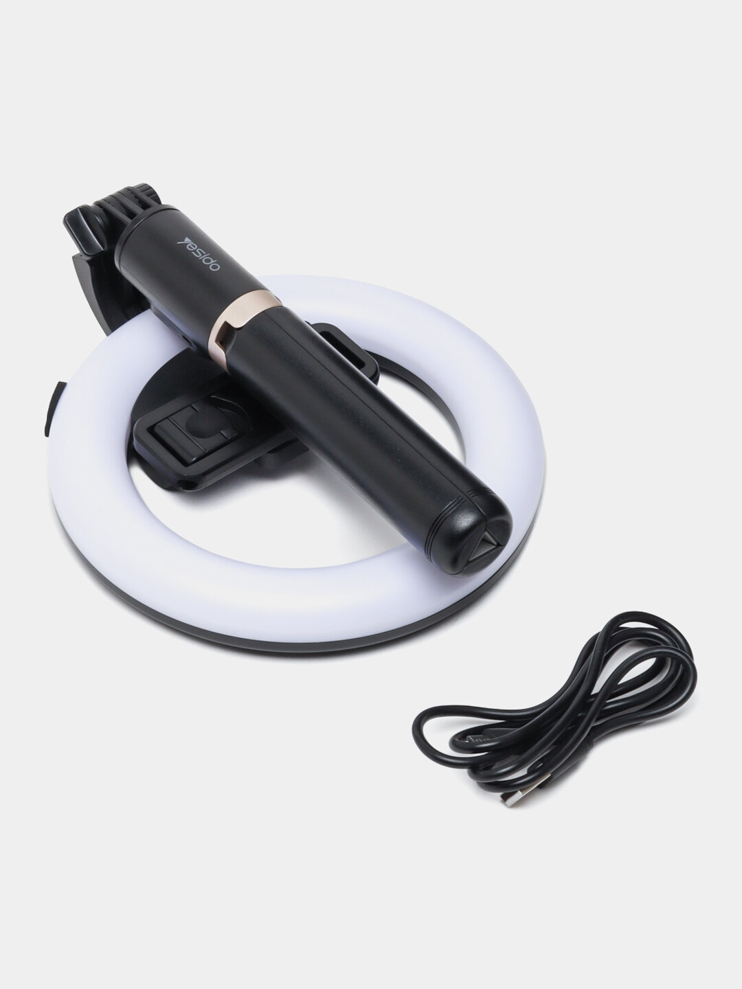 Селфи палка с кольцевой лампой Yesido SF12 Wireless Ring LED Selfie Stick, Алюминий 80 см, 1200 mAh, Черный