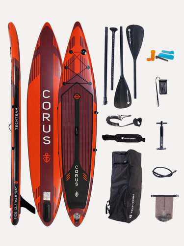 Изображение товара Сапборд TechTeam Corus 12.6' (383x76x15) надувной двухслойный, каячное весло, красный