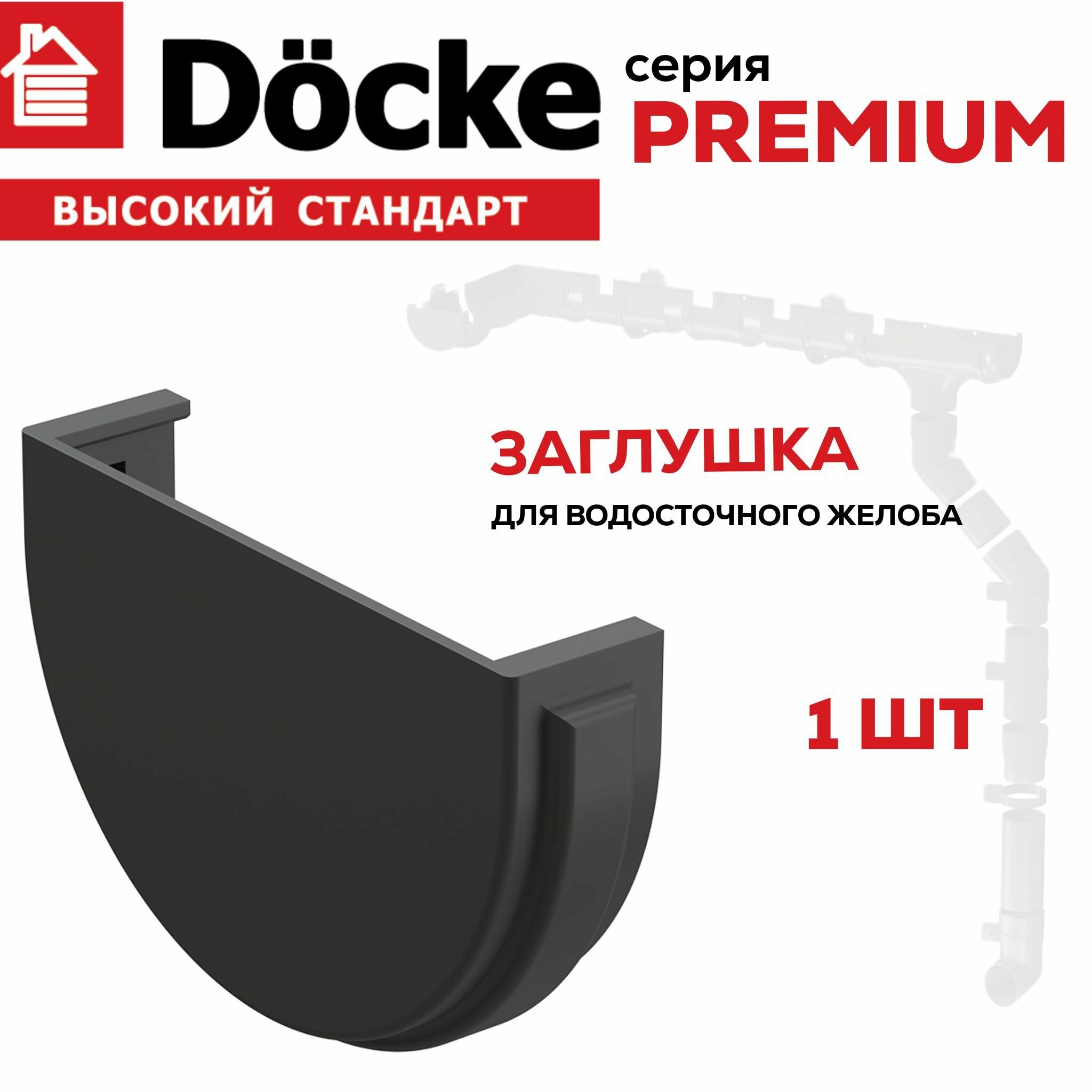 Заглушка водосточного желоба Docke Premium, ПВХ, цвет графит