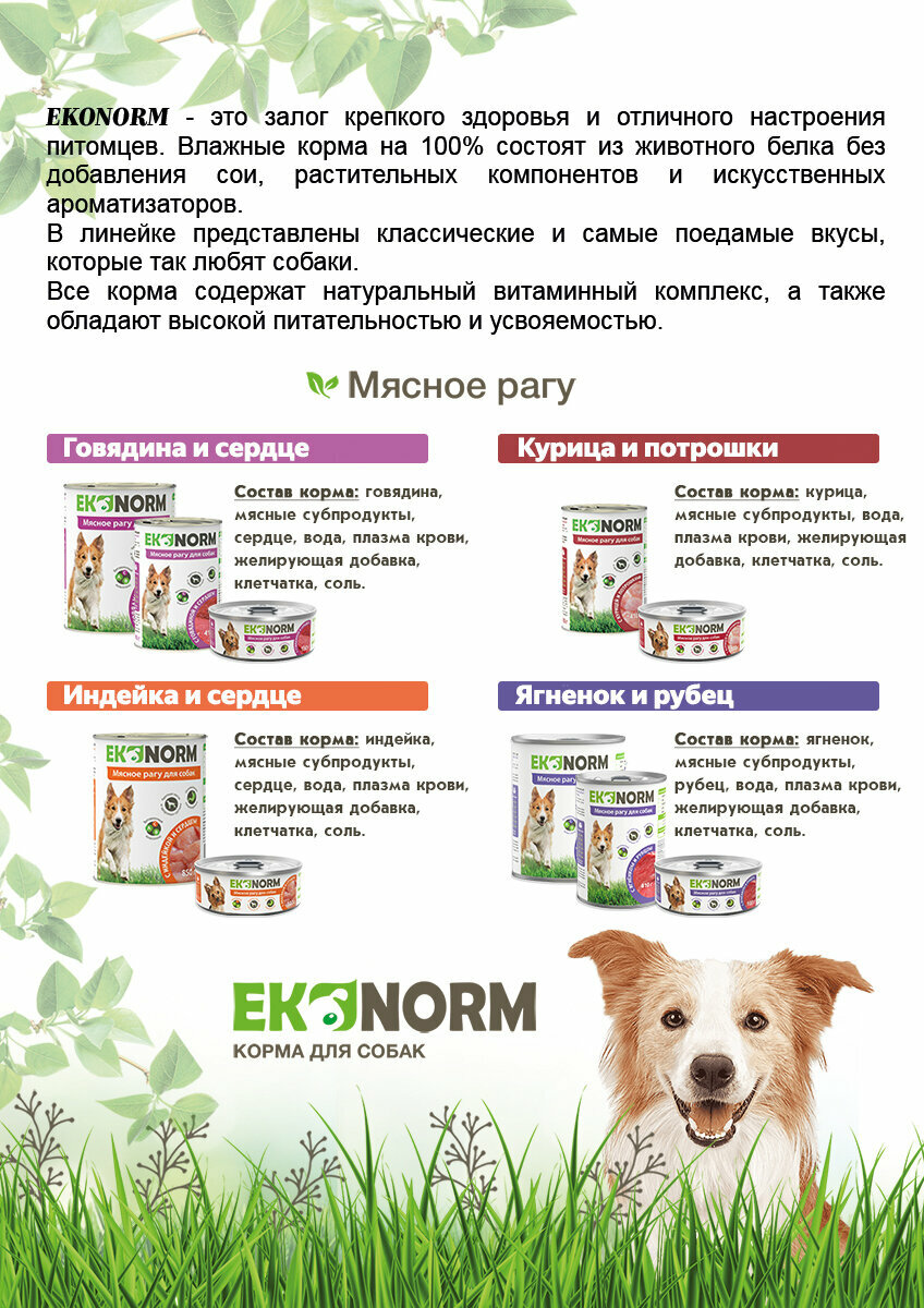 Корм консервированный для собак Ekonorm Мясное рагу с индейкой и сердцем 850 г х 6 шт.