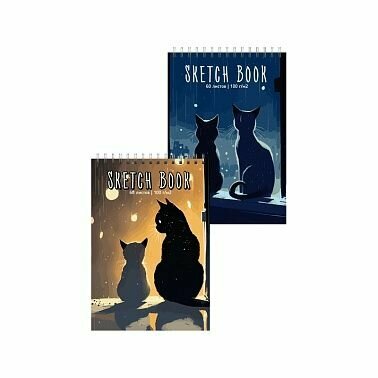 Блокнот SketchBook перевертыш А5 60л Two Cats, deVente, гребень, нелинованный, обложка картон, блок офсет 100г/м2, матовая ламинация