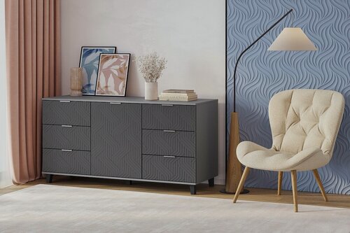 Изображение товара Комод МебельЛэнд24 Марвин 33 фрезеровка 3 Графит 150x40x70 серый однодверный с 6 ящиками