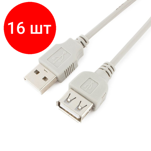 Комплект 16 штук, Кабель USB 2.0 AM/AF, 1.8 м, Gembird, сер, CC-USB2-AMAF-6 удлинитель gembird usb usb cc usb2 amaf 6 1 8 м серый