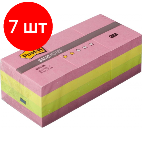 Комплект 7 штук, Стикеры Post-it Basic 653R-BN,38х51, неон. радуга, набор 12 бл. по 10