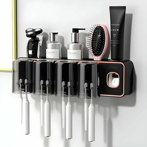 Дозатор для пасты черный автоматический дозатор для зубной пасты 4 щетки со стаканами подставка под 4 зубные щетки органайзер в ванную экономичный дозатор пасты 1479₽