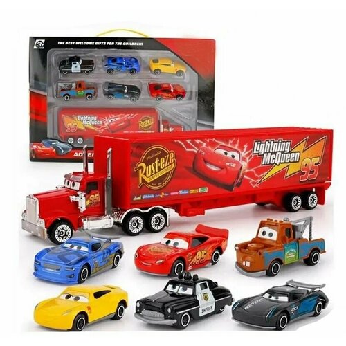 Набор металлических машинок и мультфильма Тачки: Молния МакКуин, Мак-трейлер, Бобби, Мэтр, Стерлинг, Шериф.