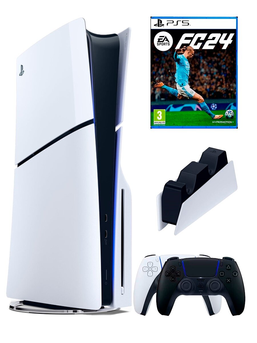 PS5 (ПС5) Игровая приставка Sony PlayStation 5 Slim disc + 2-й геймпад(черный) + зарядное + игра FIFA 24