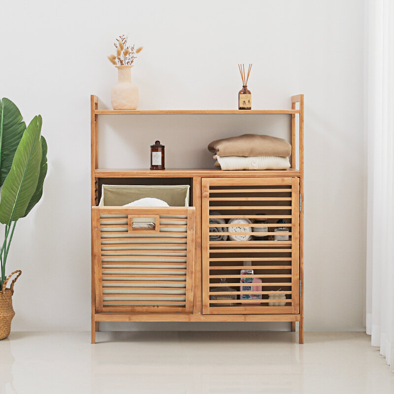 фото Этажерка для ванной из бамбука, Стеллаж для хранения с корзиной для белья Bambuchka, 80x30x95 см