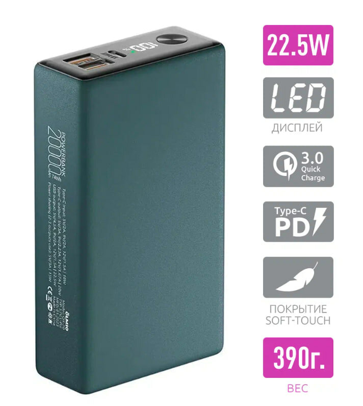 Внешний аккумулятор Olmio QX-20 22.5W 20000 mAh, темно-зеленый