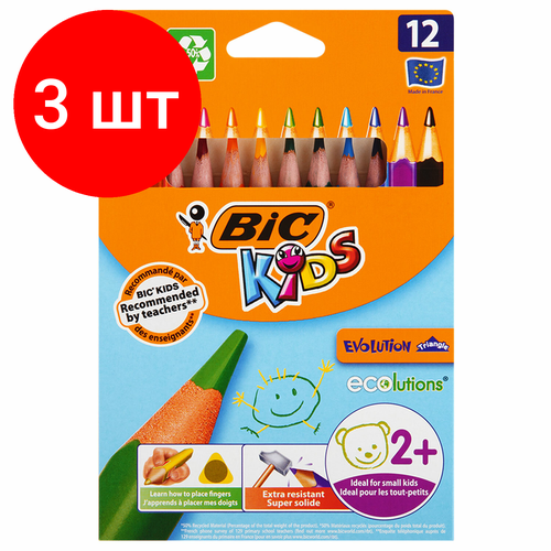 Комплект 3 шт, Карандаши цветные утолщенные BIC Kids Evolution Triangle, 12 цветов, пластиковые, трехгранные, картонная упаковка, 8297356 карандаши цветные bic intensity 12 цветов трехгранные пластиковые европодвес 2 шт