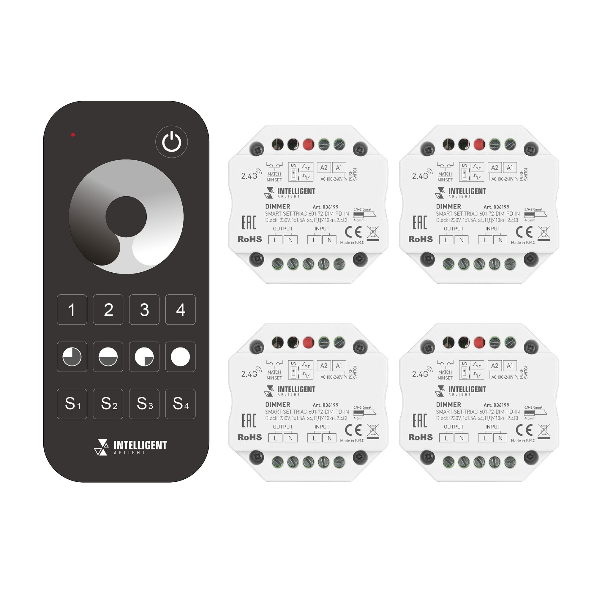 036199 INTELLIGENT ARLIGHT Диммер SMART-SET-TRIAC-601-72-DIM-PD-IN Black (230V, 1x1.5A, x4, ПДУ 10кн, 2.4G) (IARL, IP20 Пластик, 5 лет)