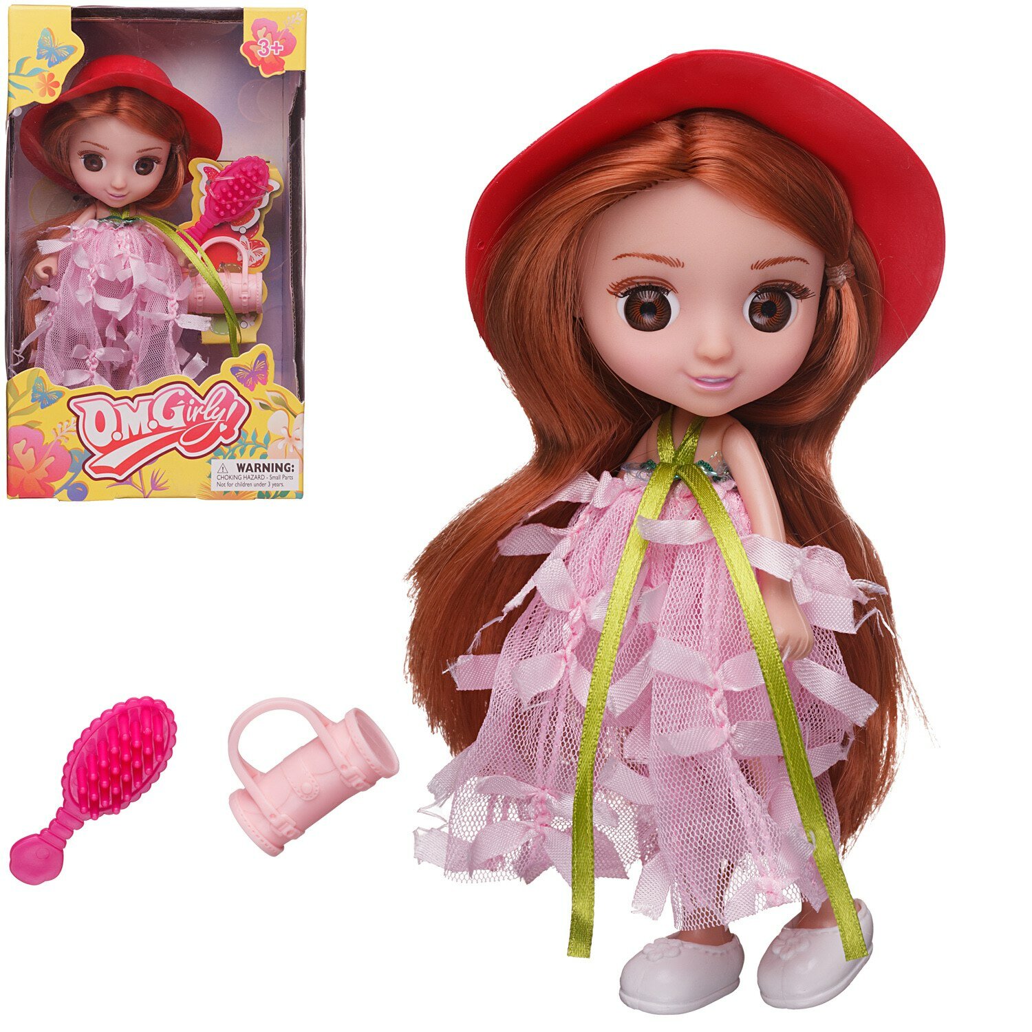 Кукла ABtoys Цветочная фантазия в розовом платье и красной шляпке 16,5 см с игровыми предметами 65004/розовое