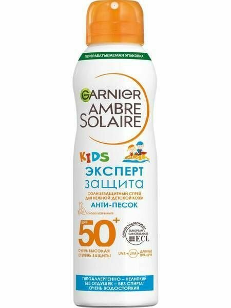 GARNIER AMBRE SOLAIRE. Солнцезащитный сухой спрей для нежной детской кожи эксперт защита spf 50+