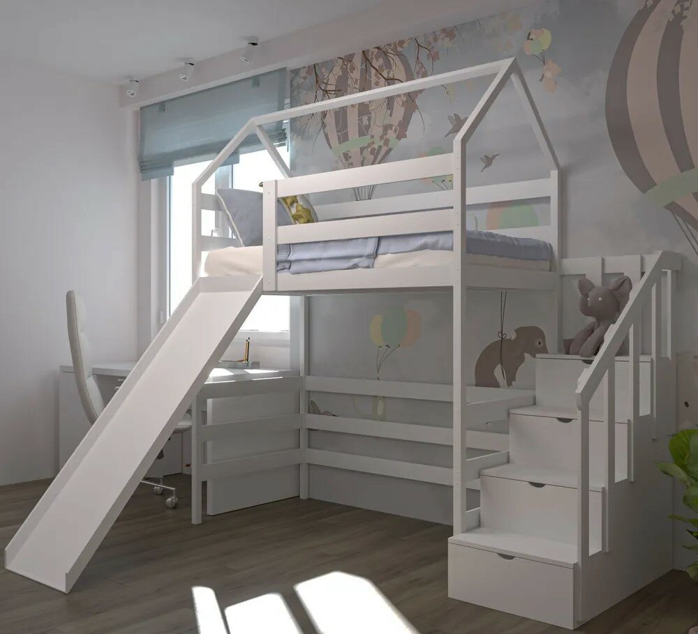 Кровать детская, подростковая "Чердак с лестницей-комодом и горкой", 180х90, белый, из массива