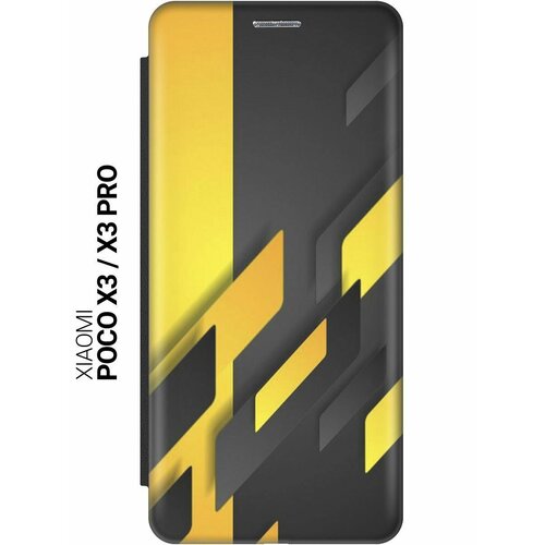 Чехол-книжка на Xiaomi Poco X3, X3 Pro, Сяоми Поко Х3, Х3 Про с 3D принтом Черно-желтая абстракция черный