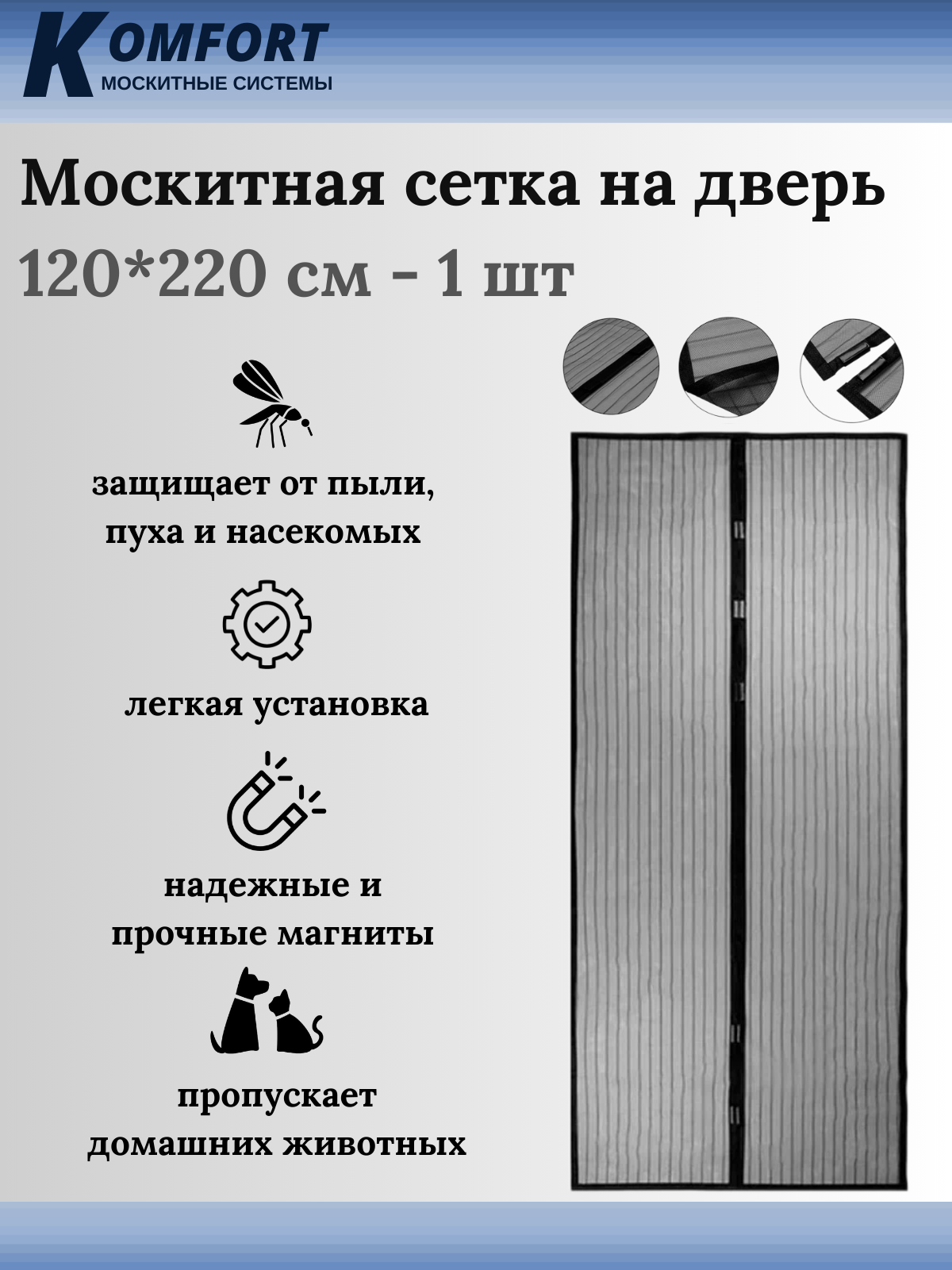 Москитная сетка на дверь магнитная 120*220 см черная 1 шт