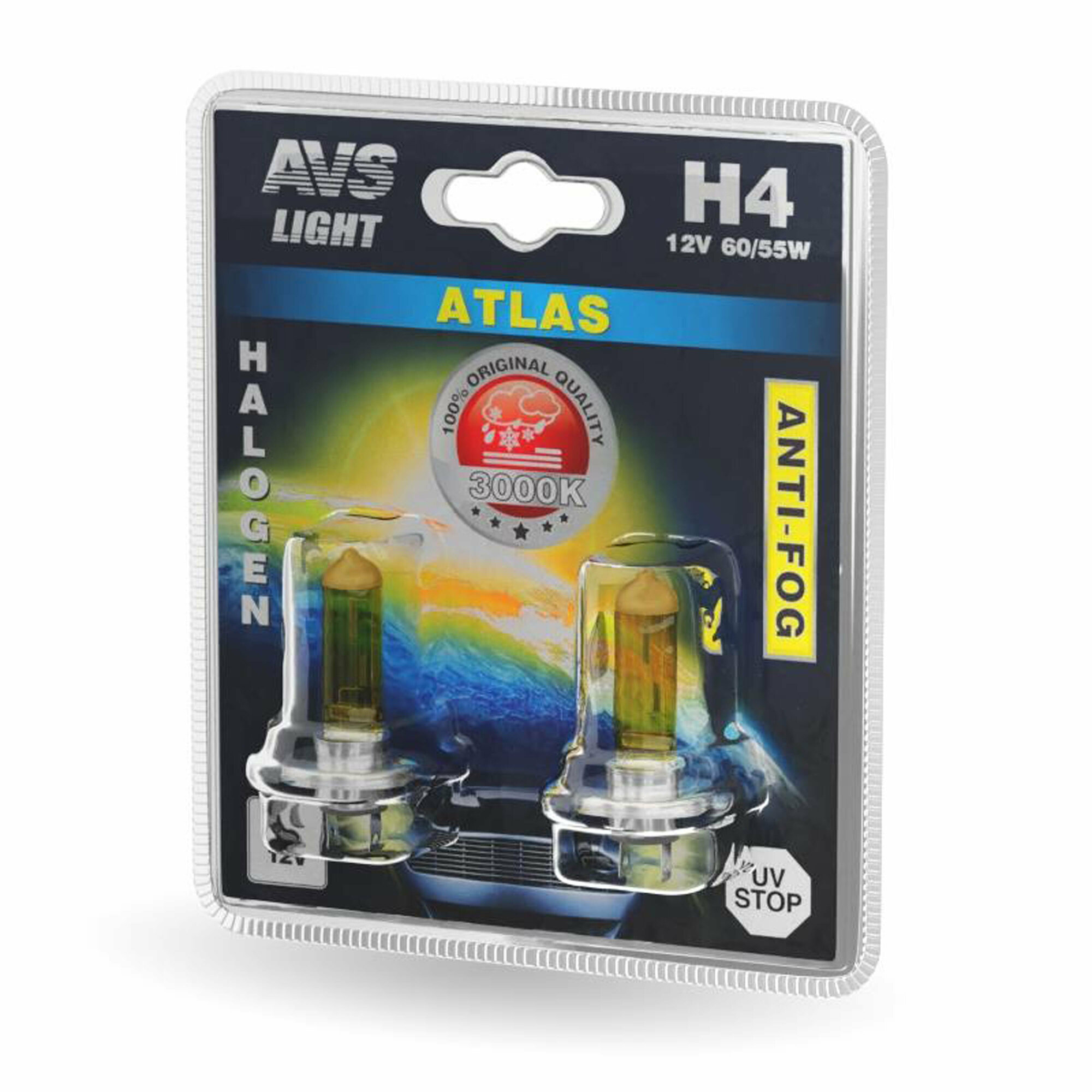 Лампа галогенная H4 12В 60/55W ANTI-FOG (желтый) бл.2шт. AVS ATLAS