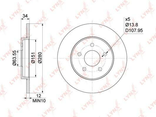 Диск тормозной задний (280x12) подходит для Ford Mondeo III 1.8-3.0 00-07, JAGUAR X-Type 2.0D-3.0 01-09 BN-1019 lynx 1шт