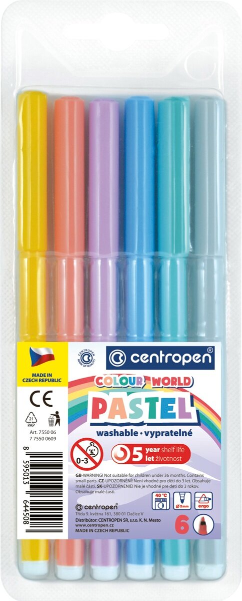 Фломастеры Centropen "Colour World", 6 цветов, диаметр 2 мм (7550/6)