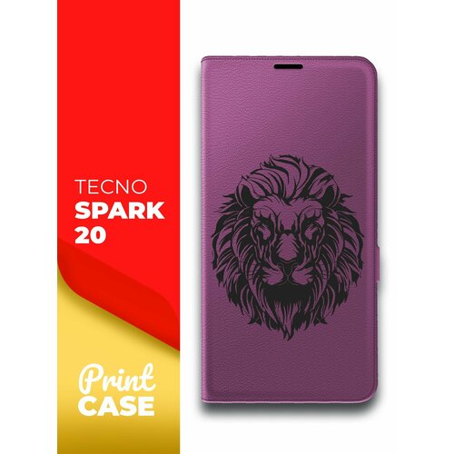 Чехол на Tecno Spark 20 (Техно Спарк 20) фиолетовый книжка эко-кожа подставка отделением для карт и магнитами Book Case, Miuko (принт) Лев черный чехол на tecno spark 20 техно спарк 20 фиолетовый книжка эко кожа подставка отделением для карт и магнитами book case miuko принт корги косточка