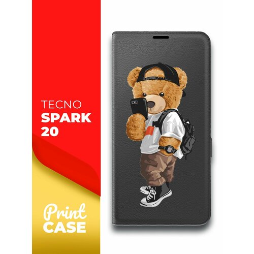 Чехол на Tecno Spark 20 (Техно Спарк 20) черный книжка эко-кожа подставка отделением для карт и магнитами Book case, Miuko (принт) Мишка Смартфон чехол на tecno spark 20 техно спарк 20 фиолетовый книжка эко кожа подставка отделением для карт и магнитами book case miuko принт мишка скейт