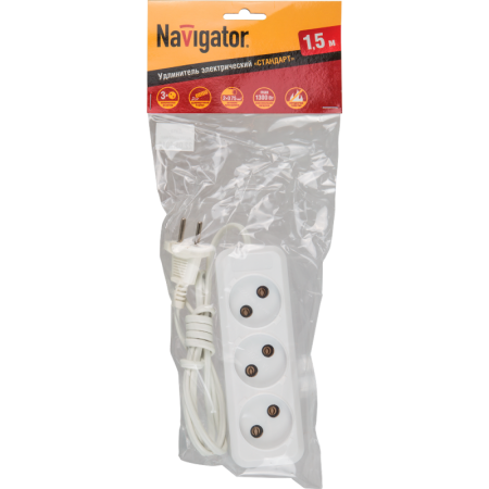 Удлинитель бытовой Navigator 71 448 NPE-S1, 3 розетки, 1.5 м, без заземления, 6А, белый — фото 1
