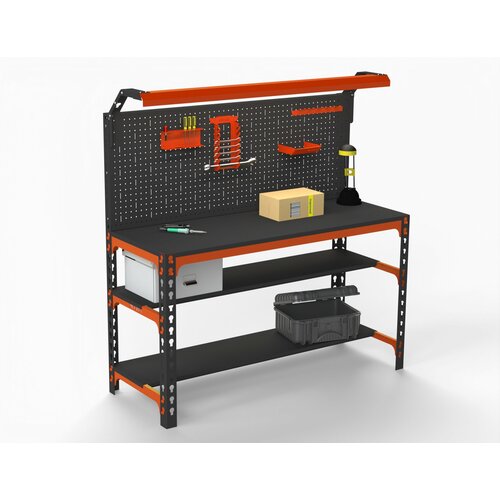 Стол металлический Metalex серия SUN 750х1200х500 (2-е полки + перфопанель с комплектом освещения) оранжево-чёрный