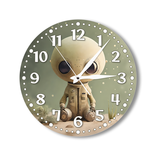 Деревянные настенные часы с УФ принтом 28см, бесшумные кварцевые интерьерные часы без стекла, открытые стрелки, инопланетянин 2