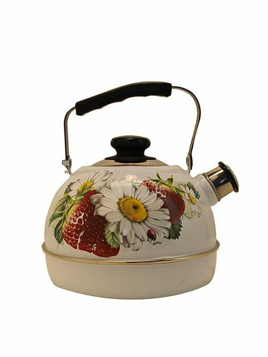 фото Чайник 2,5л.(подвиж. ручка)-белый/клубника с ромашкой (декор- нерж. сталь) ТМ04/25/03/05 (г. Ростов)