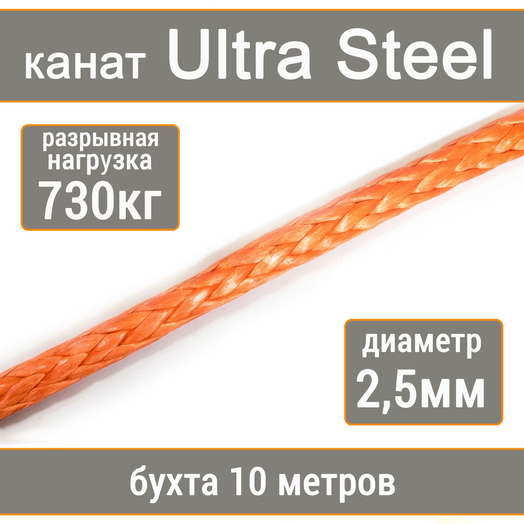 Высокопрочный синтетический канат UTX Ultra Steel 2,5мм р. н. не менее 730кг из волокна UHMWPE, длина 10 метров